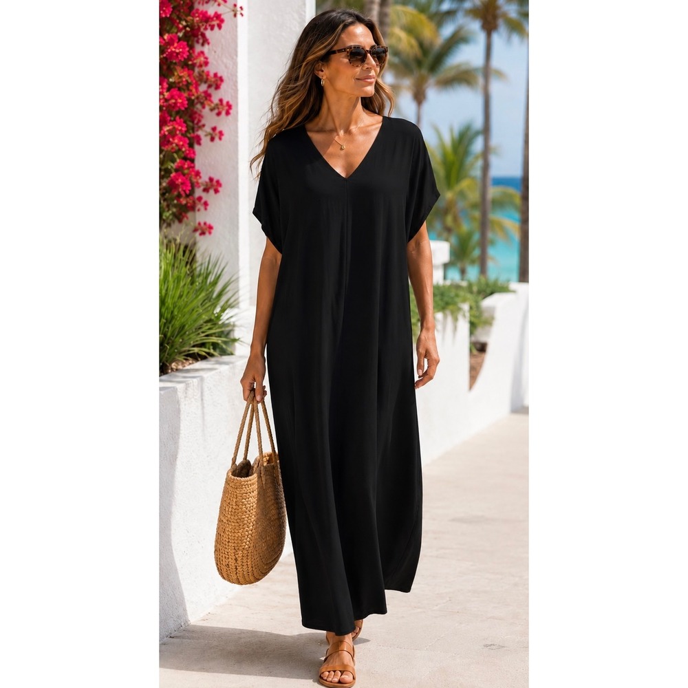 NWT Aleeza Paris Kenzie Black V Neck Maxi Dress Lagenlook Modern Large
